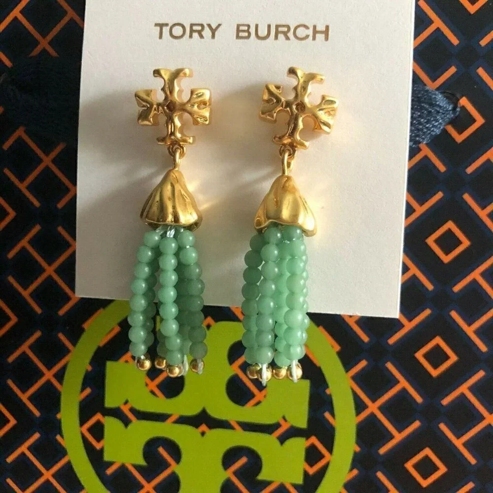 Tory Burch Roxanne Tassel Drop Earrings Mint Green Beaded Gold Tone Statement